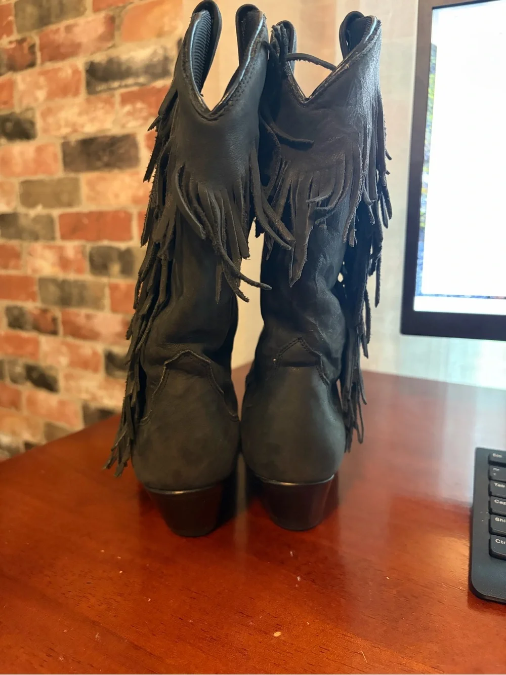 ACME Charcoal Fringe Cowboy mid calf boot